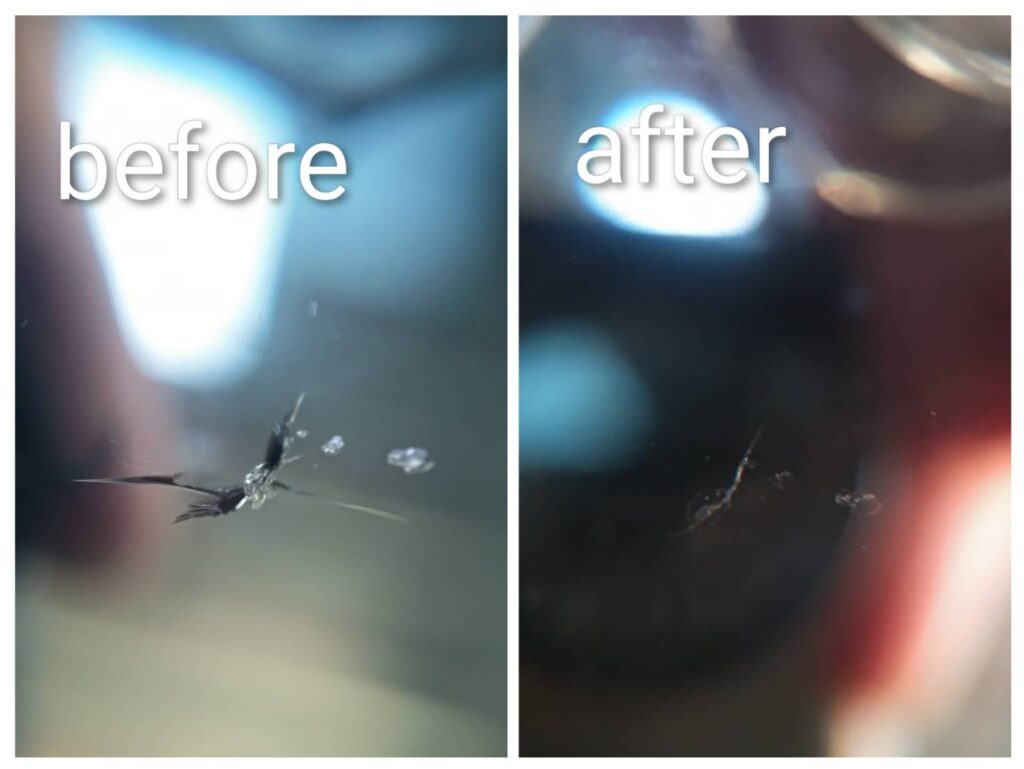 前橋市で行ったフロントガラスリペアの施工前後の比較写真