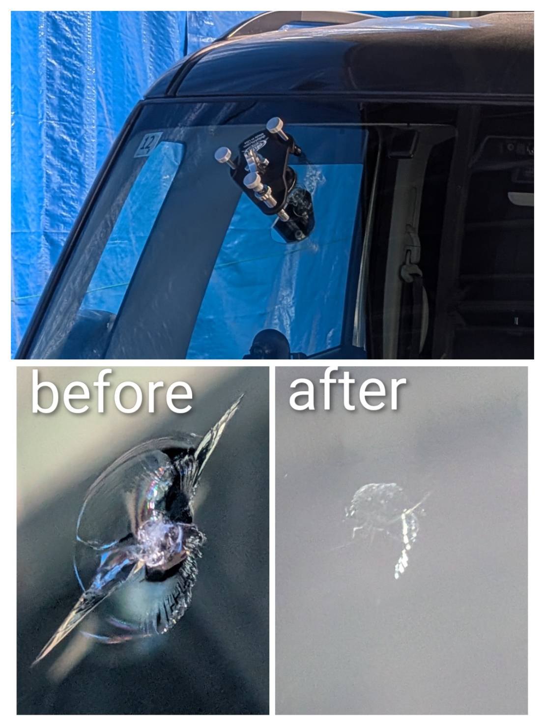 前橋市で行ったフロントガラスリペアの施工前後の比較写真と作業風景